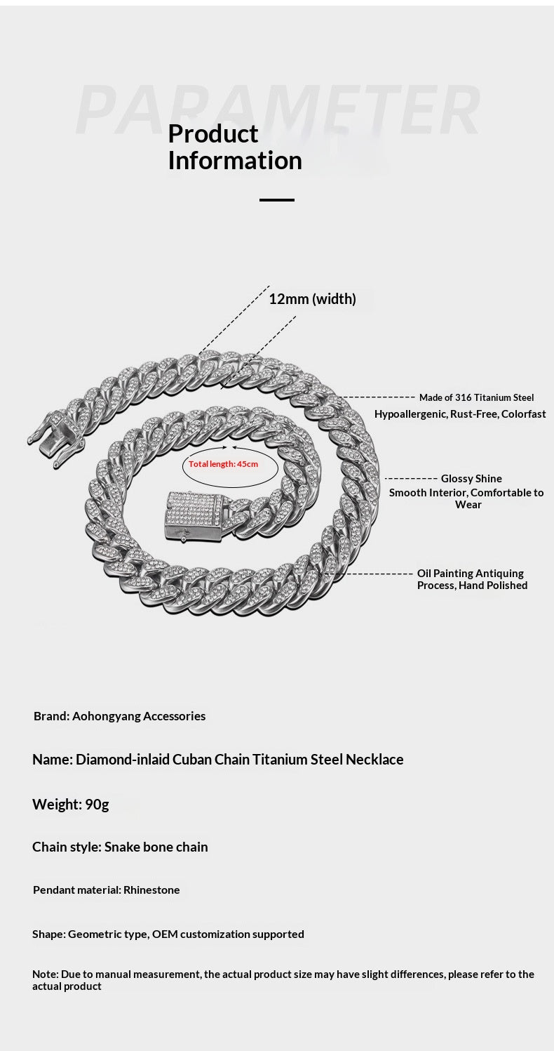 Euro-American Hip-Hop Diamond-Encrusted Cuban Chain Titanium Steel Necklace