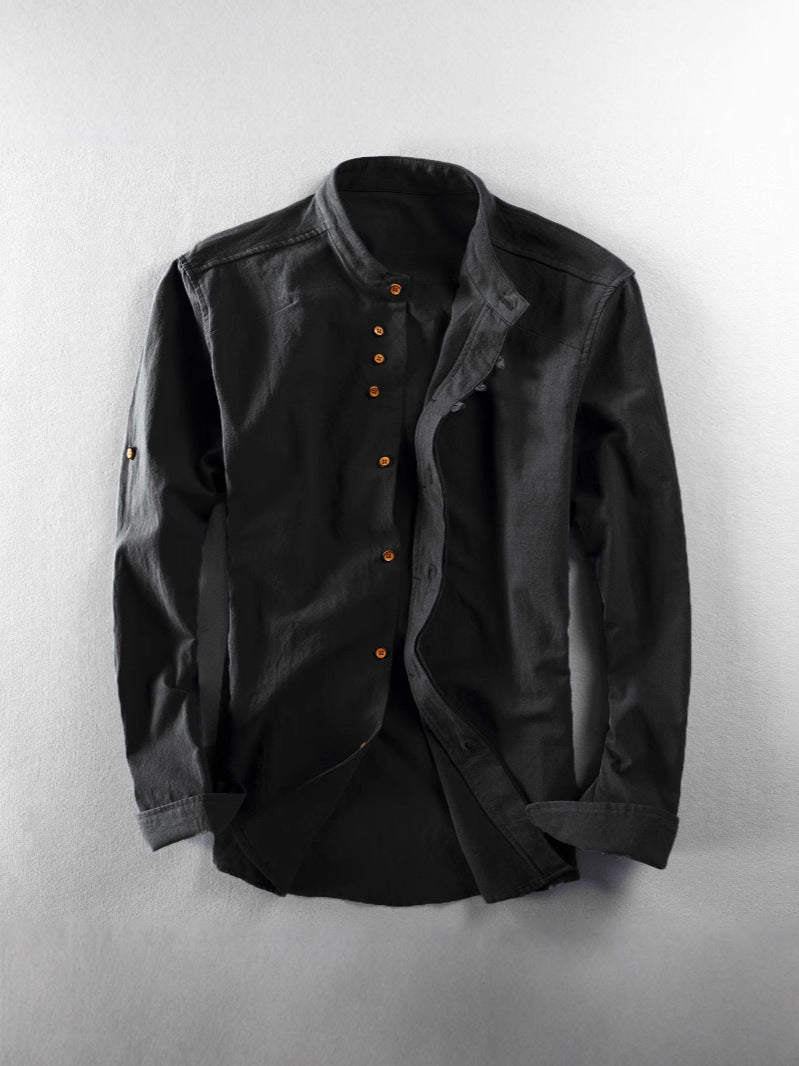 Mens Stand Collar Linen Casual Shirt