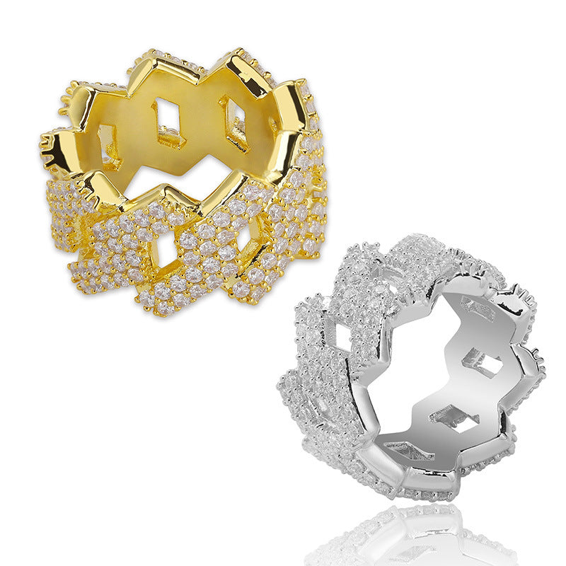 Hip Hop Ring 14mm Rhombus Cuban Ring, Real Gold Plated, Double Row Zircon Ring