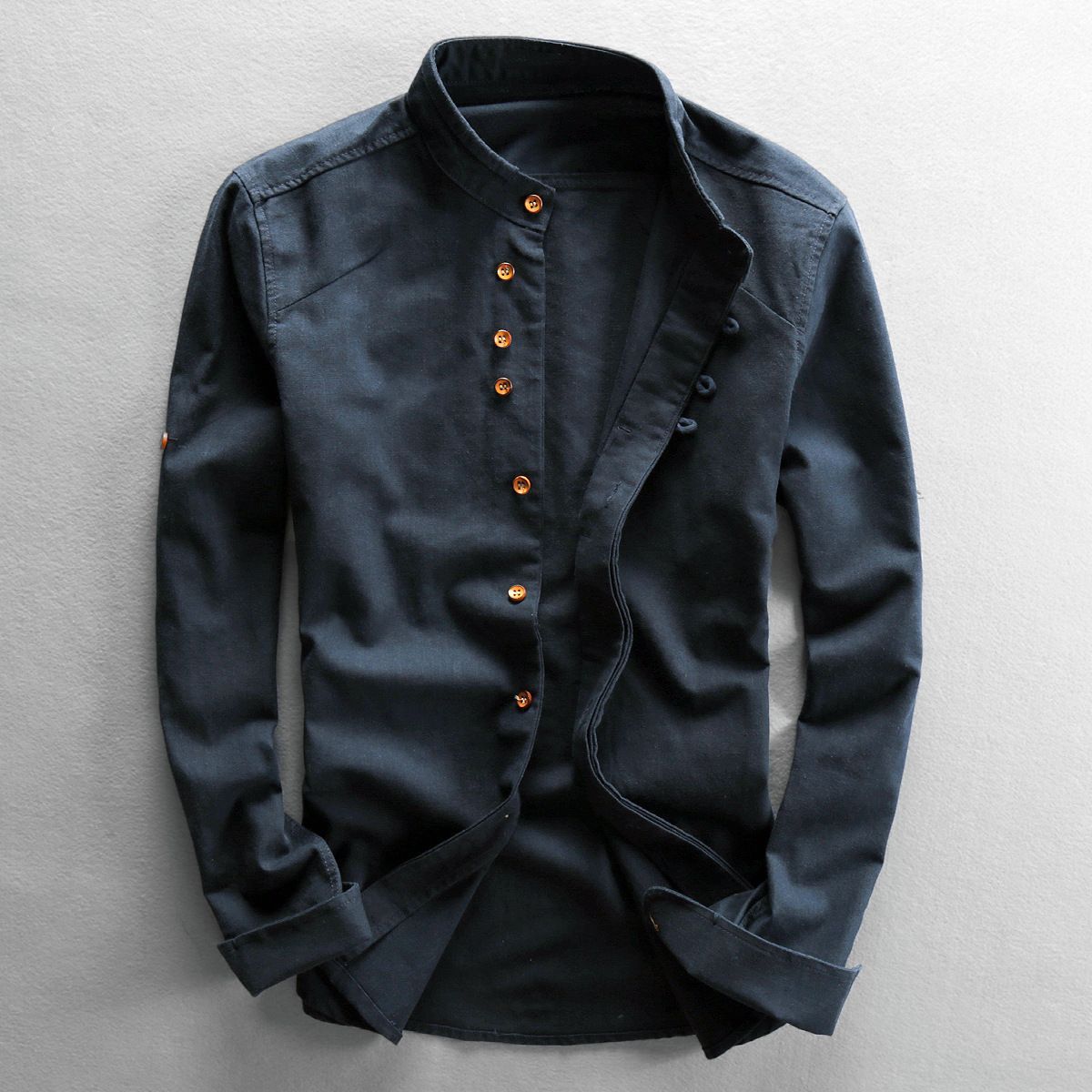 Mens Stand Collar Linen Casual Shirt
