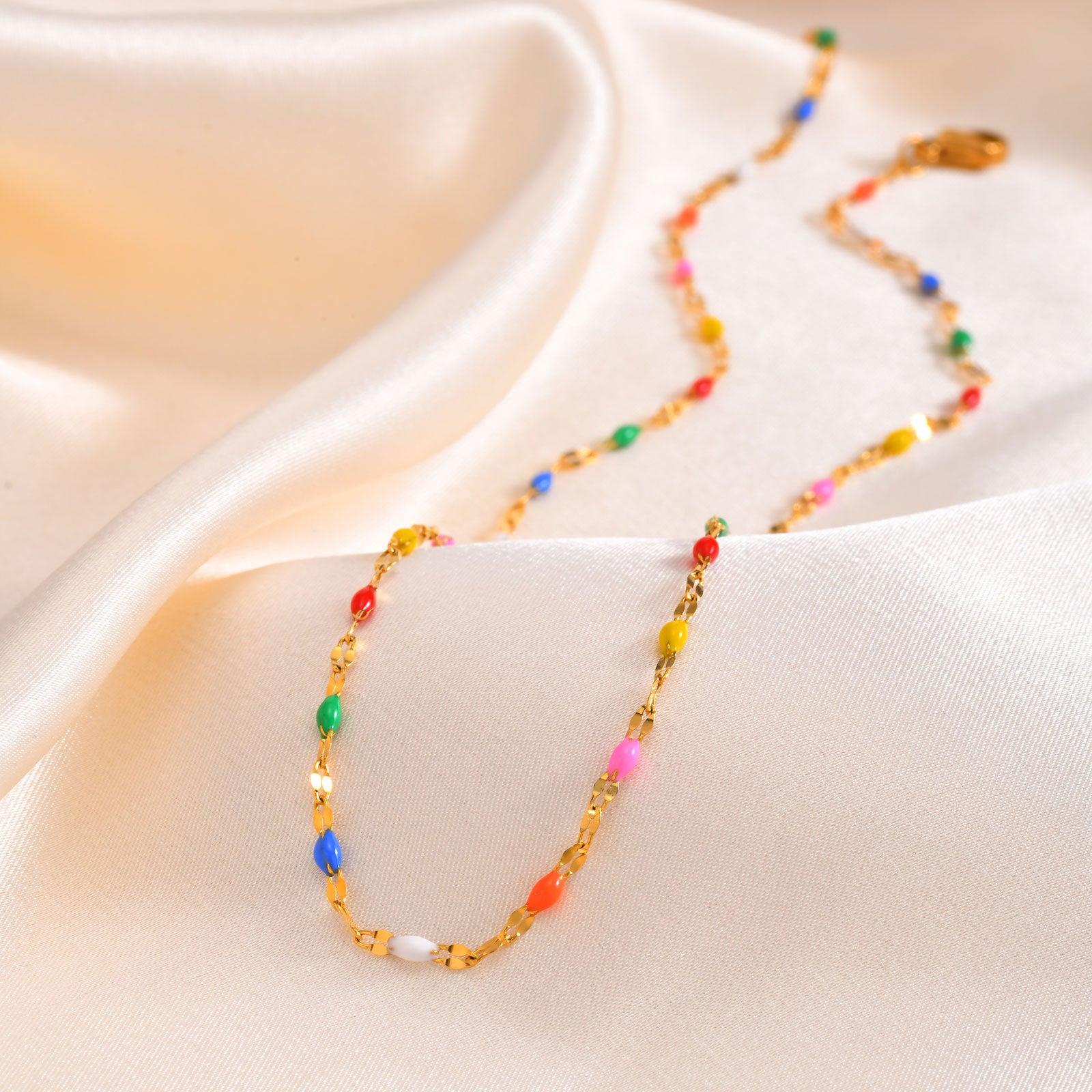 Stainless Steel Colored Bead Lip Chain Necklace Gold Color