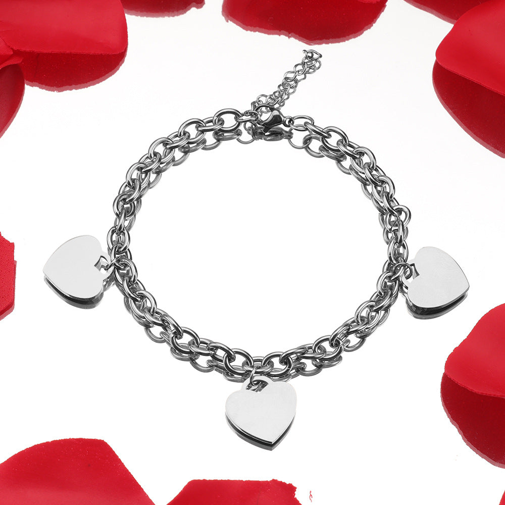 Simple 18k Gold Stainless Steel Golden Heart Engraved Bracelet