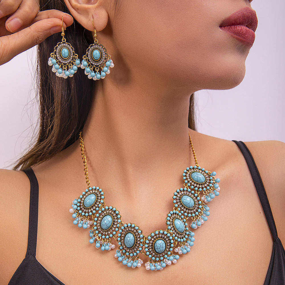 Ethnic-style Pearl Flower Necklace And Earrings Set