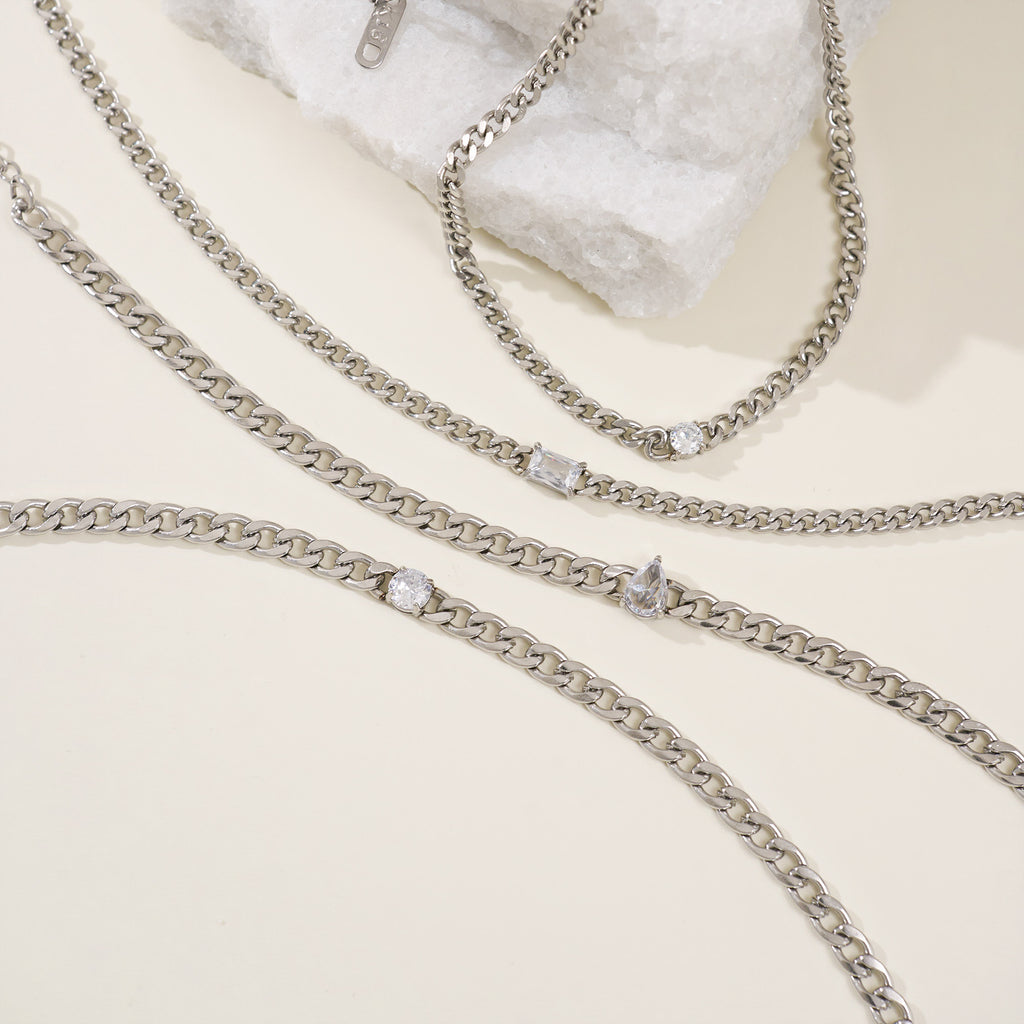 Fashion Titanium Steel Matte Chain Water Drop Zircon Bracelet Set