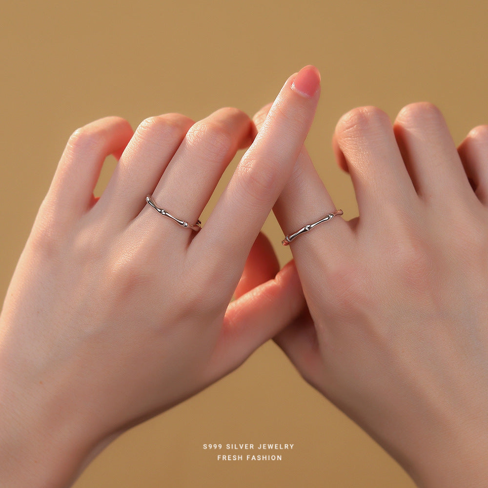S999 Sterling Silver Bamboo Couple Rings 2-Piece Set, Minimalist Niche Adjustable Pair Bands, Creative Childhood Sweetheart Pure Silver Finger Rings