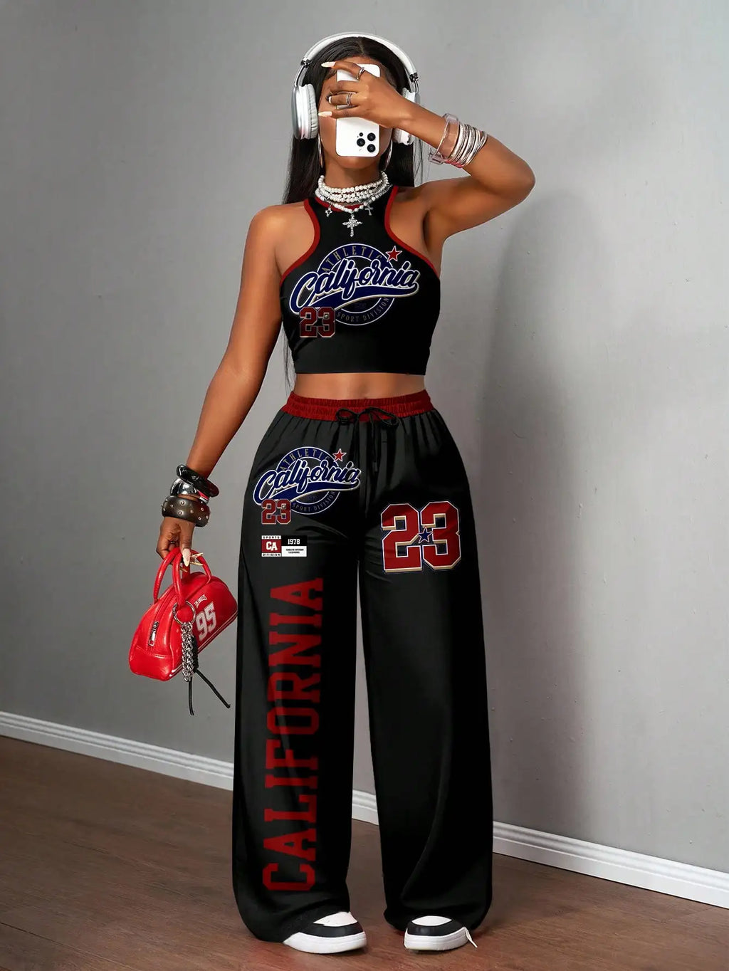 Women's California 23 Graphic Crop Top & Wide Leg Pants Set, Streetwear Casual Outfit