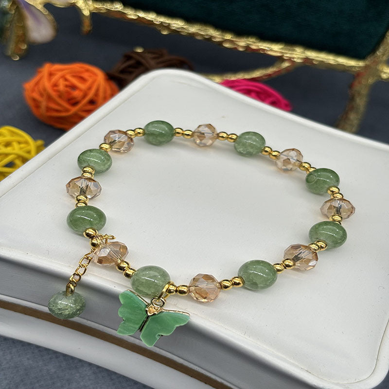 Korean-style Imitation Jade Crystal Bracelet With Butterfly And Flower Design