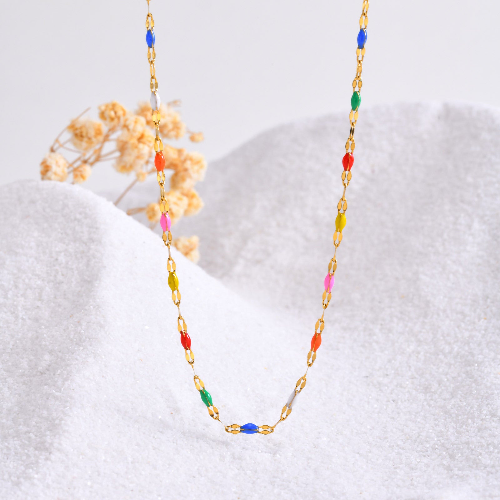 Stainless Steel Colored Bead Lip Chain Necklace Gold Color