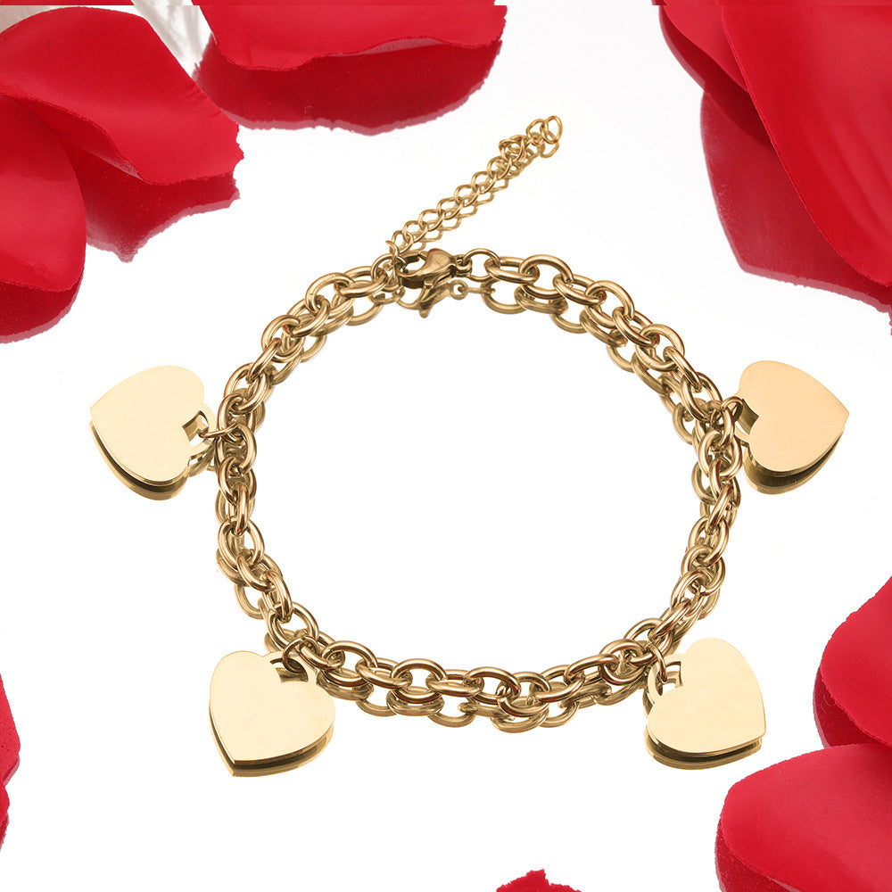 Simple 18k Gold Stainless Steel Golden Heart Engraved Bracelet