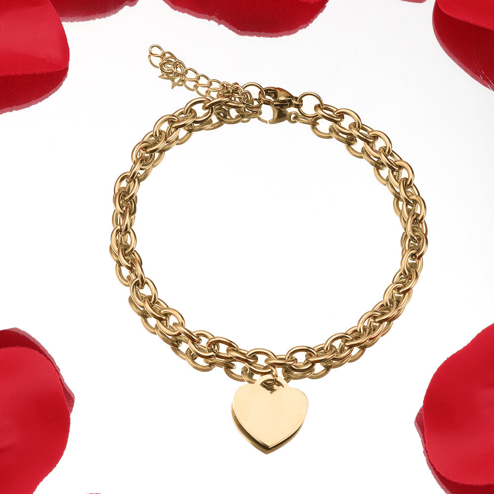 Simple 18k Gold Stainless Steel Golden Heart Engraved Bracelet