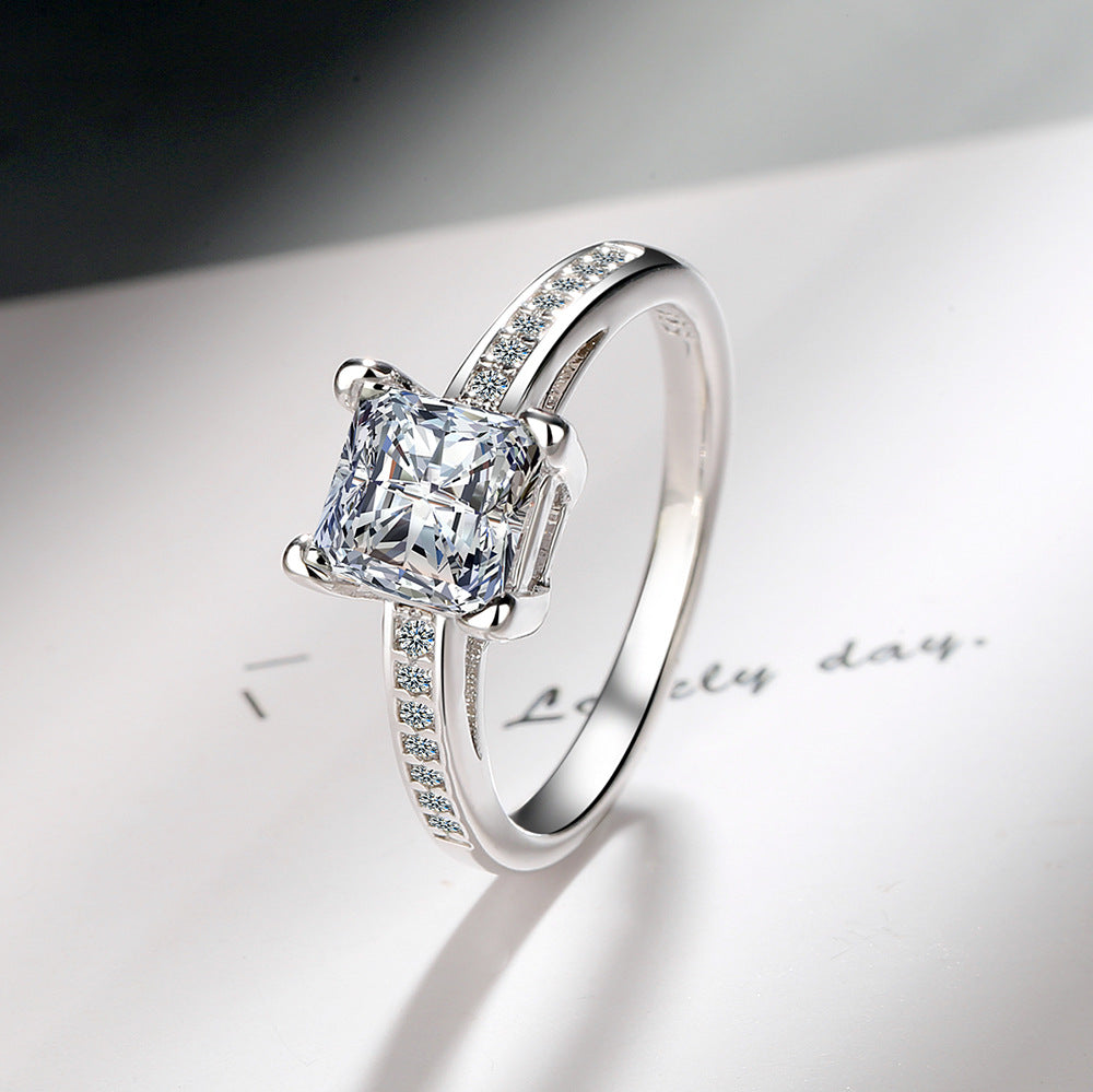 Simple Four-Prong Square Zircon Ring, Princess Cut Engagement Ring, Fashion Jewelry For Cross-Border