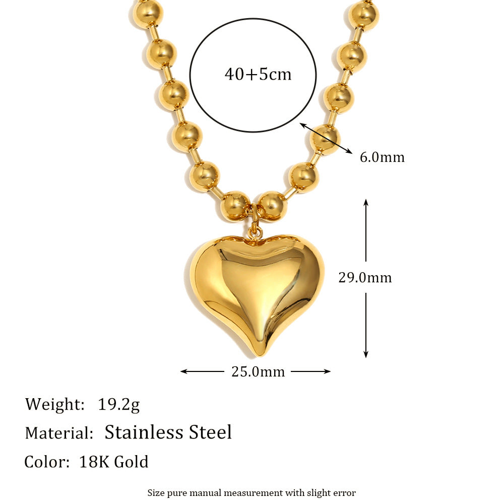 Stainless Steel 18K Gold-Plated Sweet Round Bead Heart Necklace