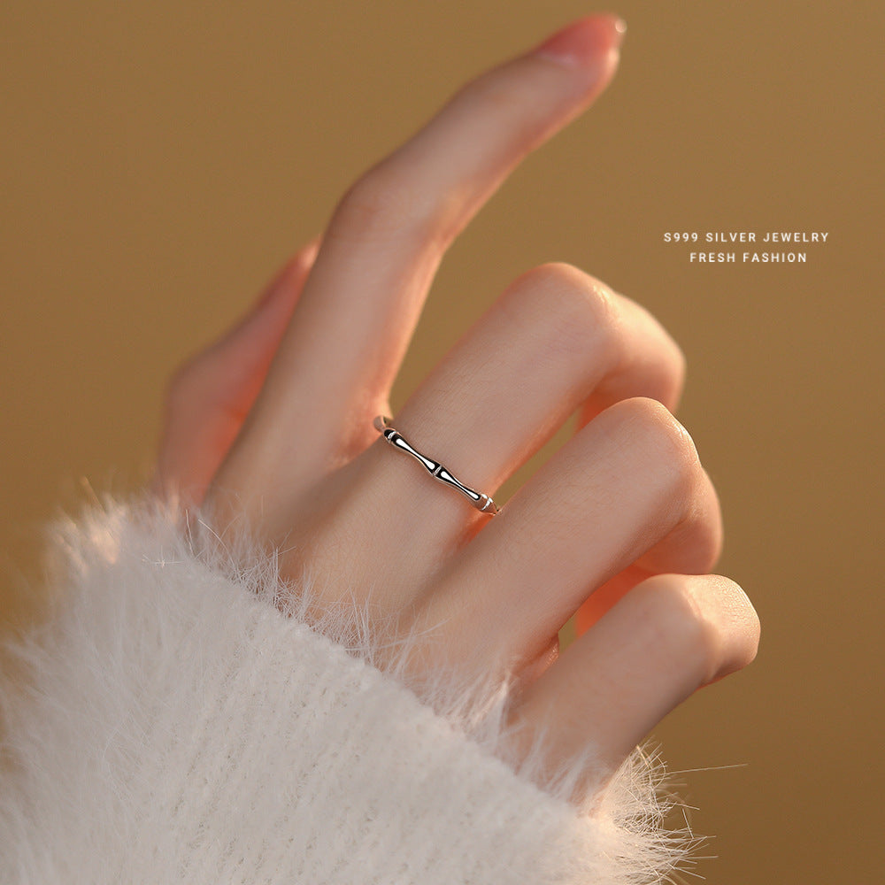 S999 Sterling Silver Bamboo Couple Rings 2-Piece Set, Minimalist Niche Adjustable Pair Bands, Creative Childhood Sweetheart Pure Silver Finger Rings