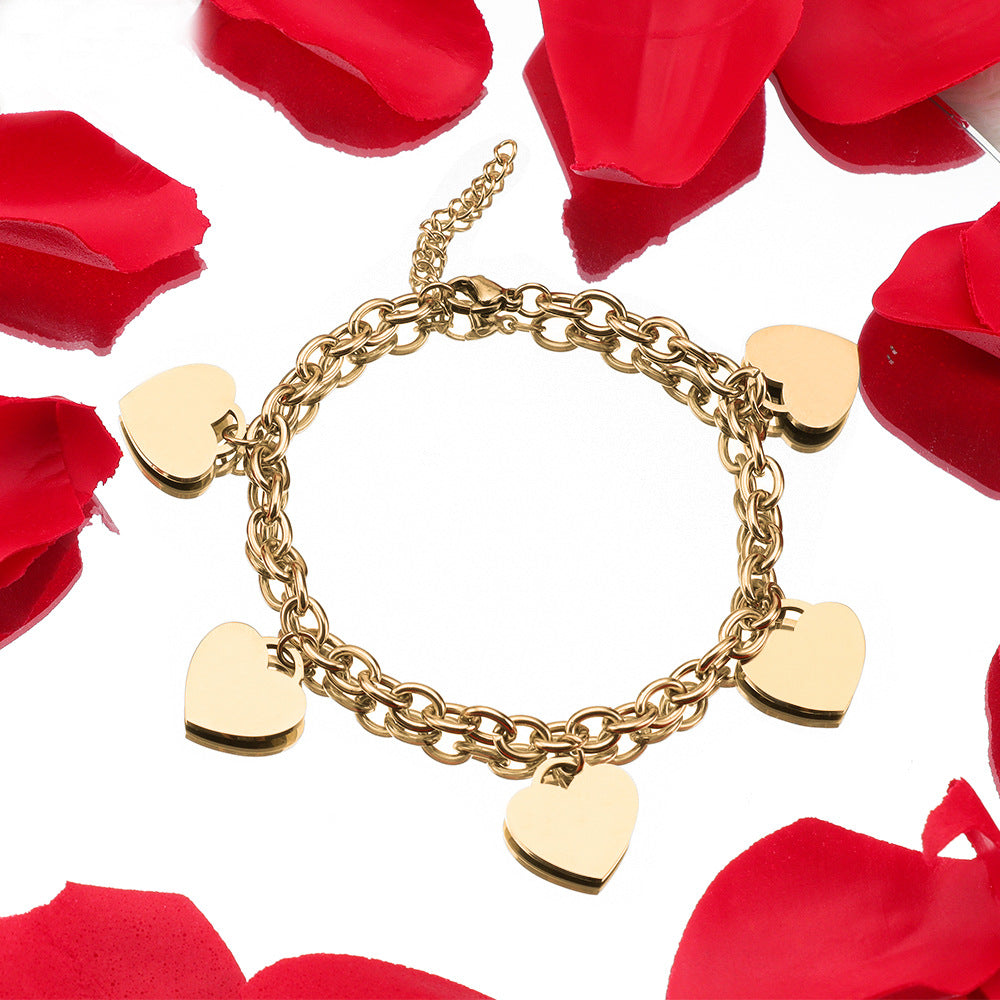 Simple 18k Gold Stainless Steel Golden Heart Engraved Bracelet