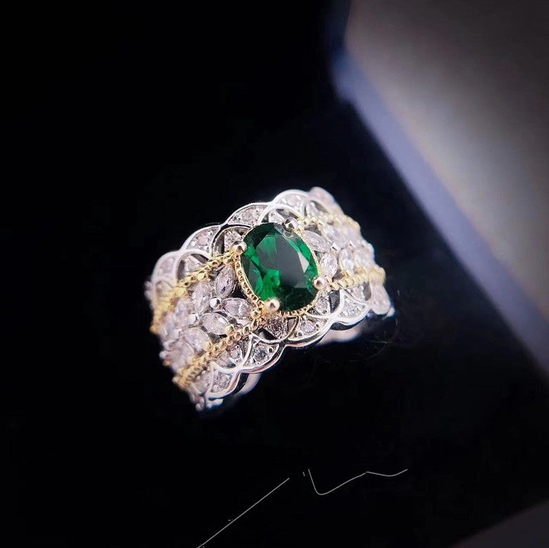 Emerald Pigeon Egg Zircon Open Ring, Vintage Hollow Double Gold Plated INS Style Light Luxury Jewelry
