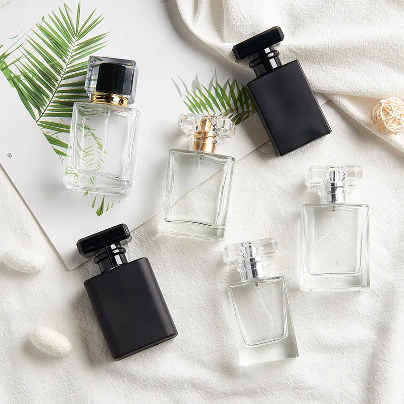 6 PCS/LOT 30ml 50ml Square Black/White/Clear Glass Perfume Bottle with Fine Mist Liquid Spray Travel Vacuum Separate Bottling