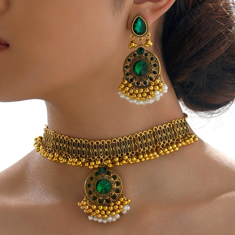 Ethnic-style Pearl Flower Necklace And Earrings Set