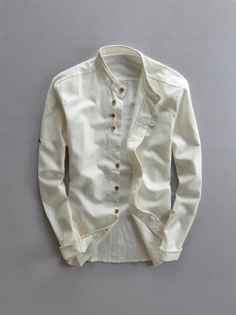 Mens Stand Collar Linen Casual Shirt