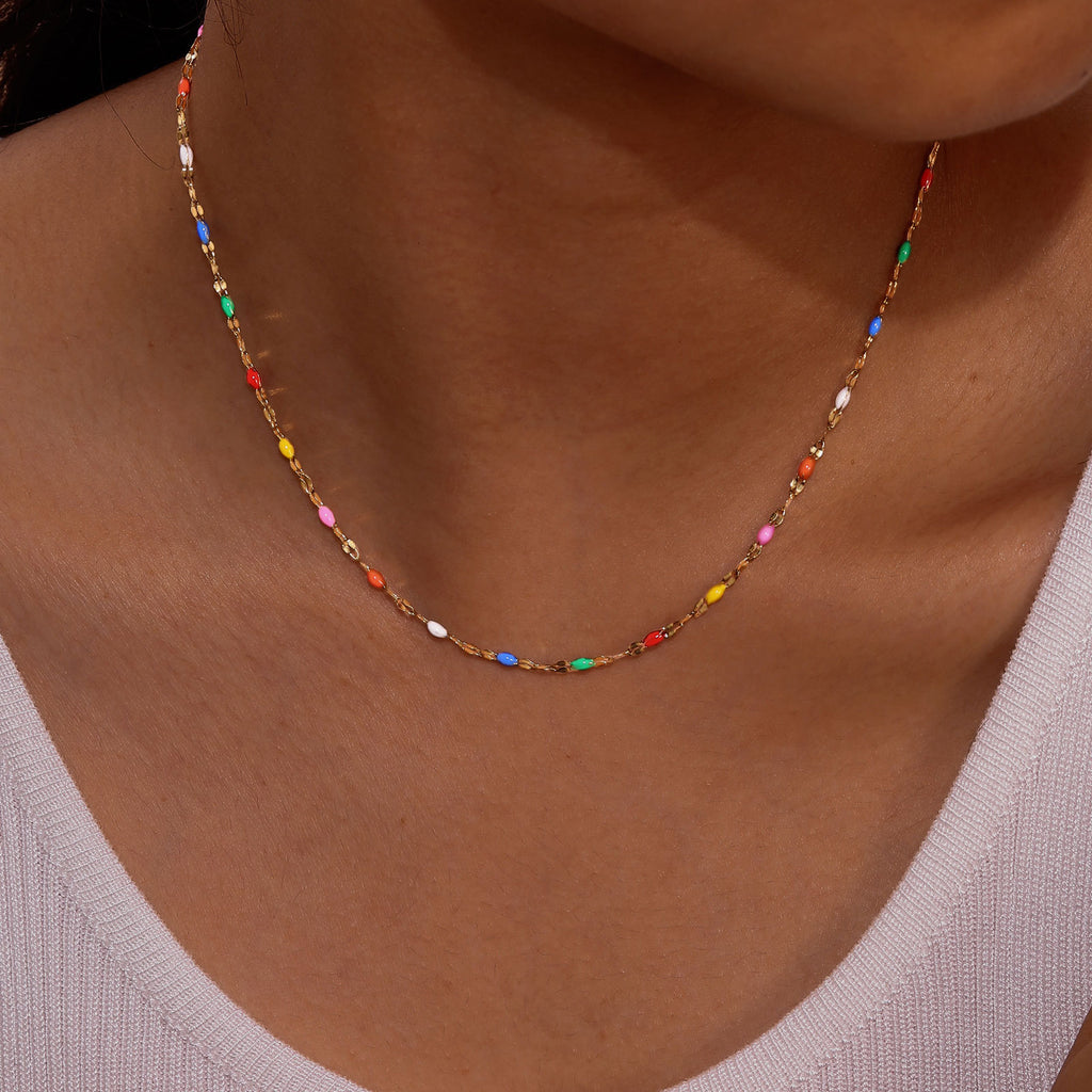 Stainless Steel Colored Bead Lip Chain Necklace Gold Color