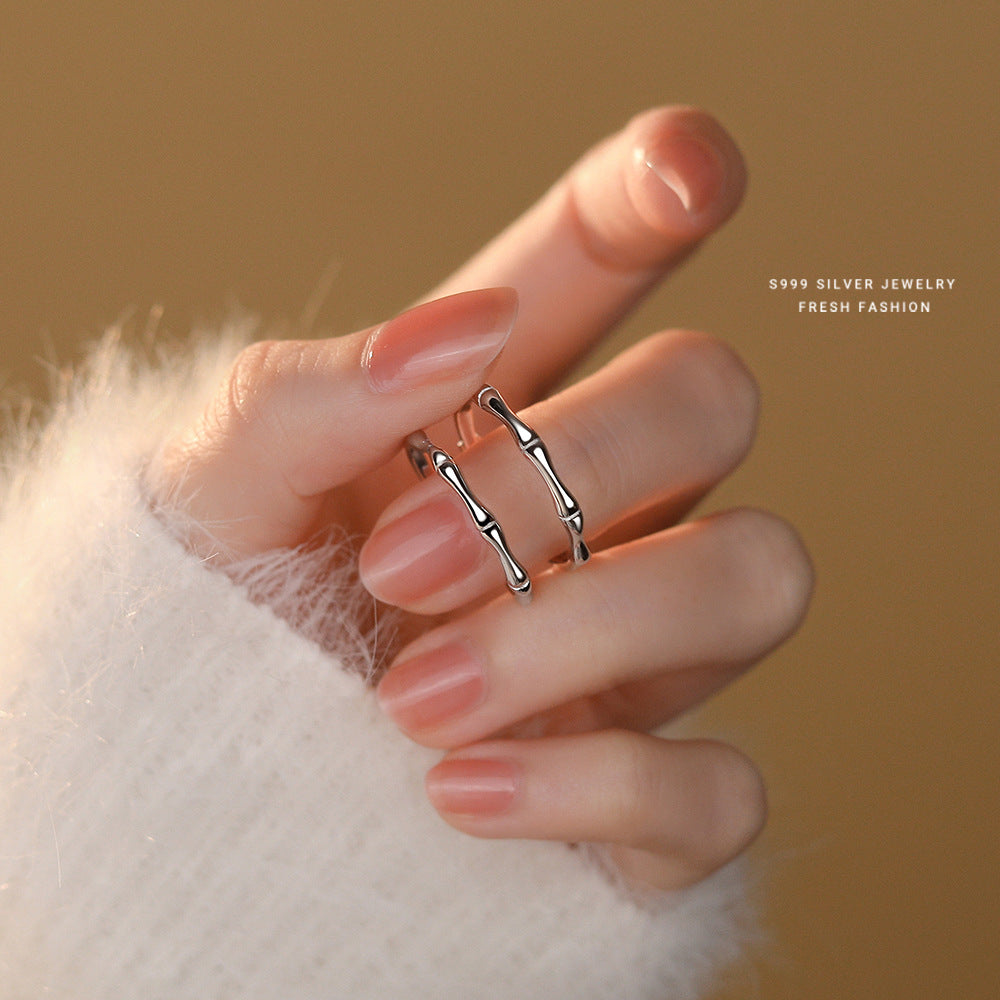 S999 Sterling Silver Bamboo Couple Rings 2-Piece Set, Minimalist Niche Adjustable Pair Bands, Creative Childhood Sweetheart Pure Silver Finger Rings