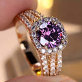 Copper Micro-pave Zircon Three-tier Index Finger Rose Gold Round-cast Amethyst Luxury Full-diamond Ring