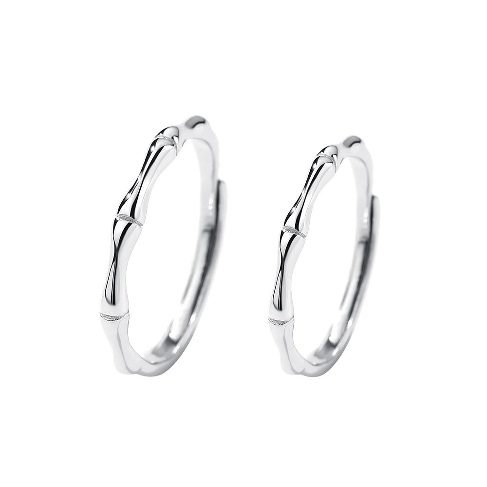 S999 Sterling Silver Bamboo Couple Rings 2-Piece Set, Minimalist Niche Adjustable Pair Bands, Creative Childhood Sweetheart Pure Silver Finger Rings