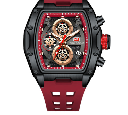 Track-Style Sports Chronograph Mens Watch With Curved Glass And Openwork Design