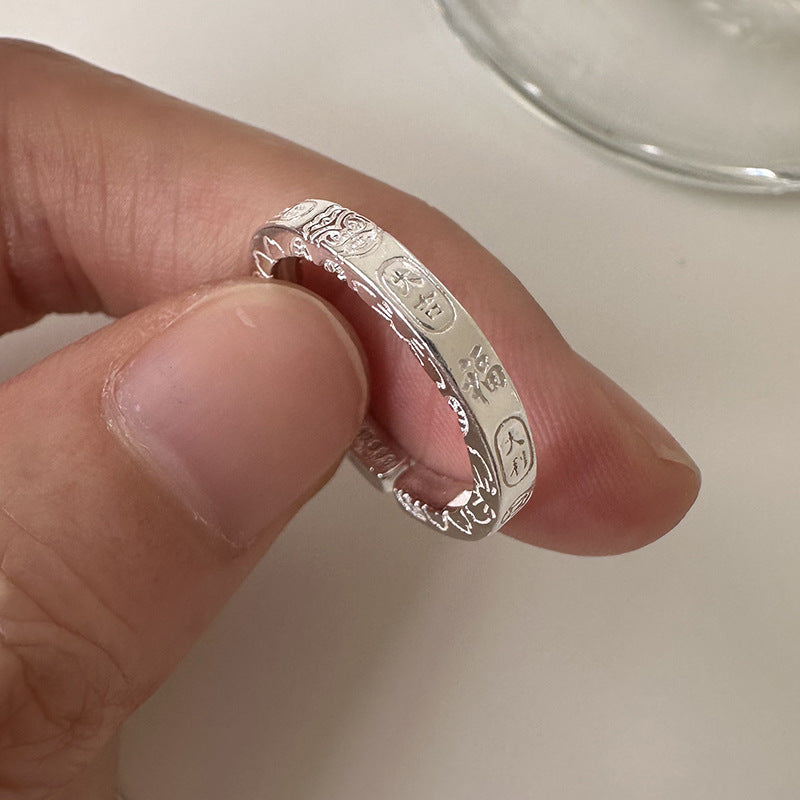 999 Sterling Silver Lucky Ring For Women, New Chinese Style, Fortune Blessing, Good Luck, Adjustable Opening Ring