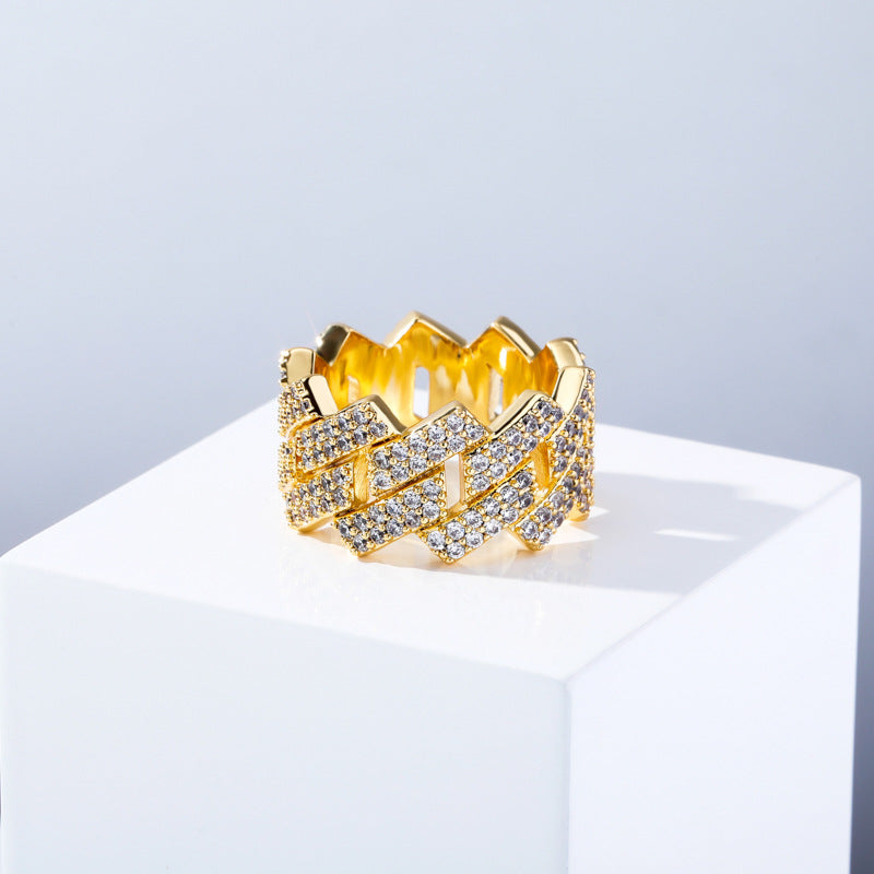 Hip Hop Ring 14mm Rhombus Cuban Ring, Real Gold Plated, Double Row Zircon Ring
