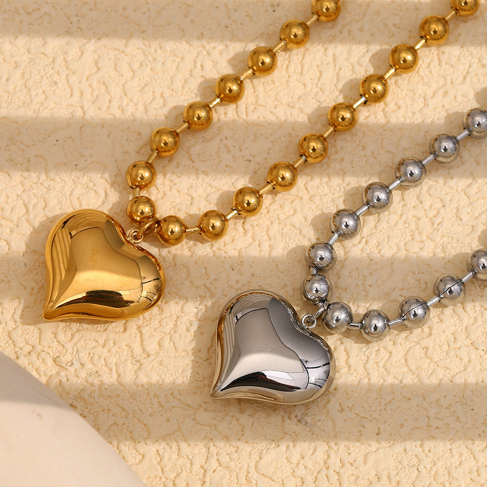 Stainless Steel 18K Gold-Plated Sweet Round Bead Heart Necklace