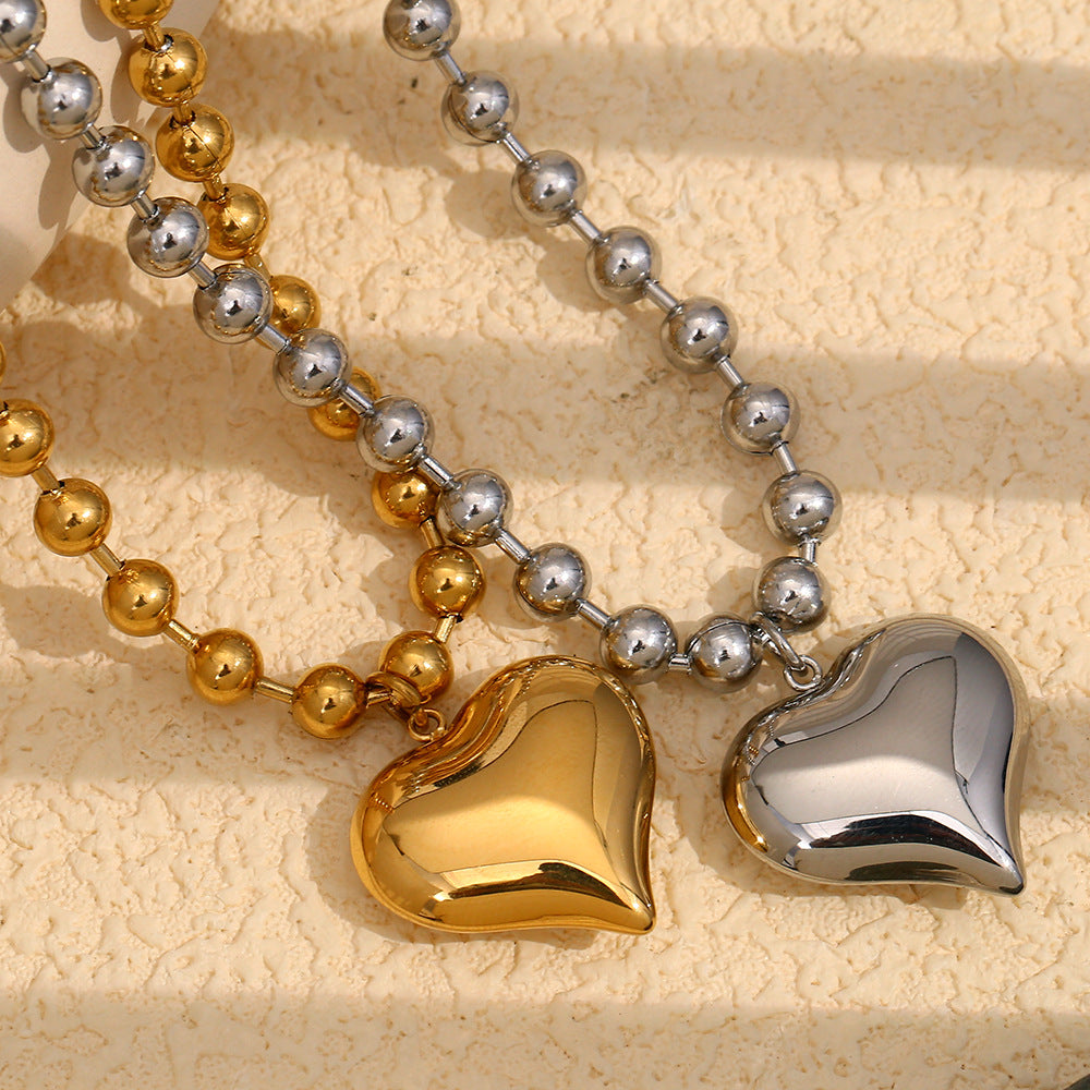 Stainless Steel 18K Gold-Plated Sweet Round Bead Heart Necklace