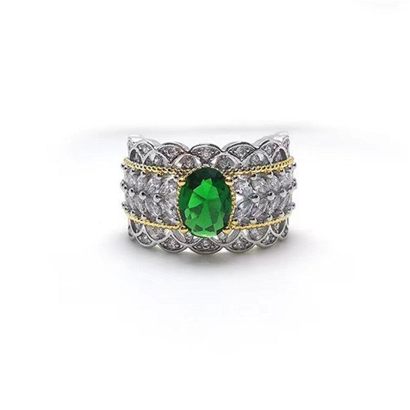 Emerald Pigeon Egg Zircon Open Ring, Vintage Hollow Double Gold Plated INS Style Light Luxury Jewelry