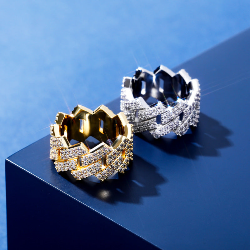 Hip Hop Ring 14mm Rhombus Cuban Ring, Real Gold Plated, Double Row Zircon Ring