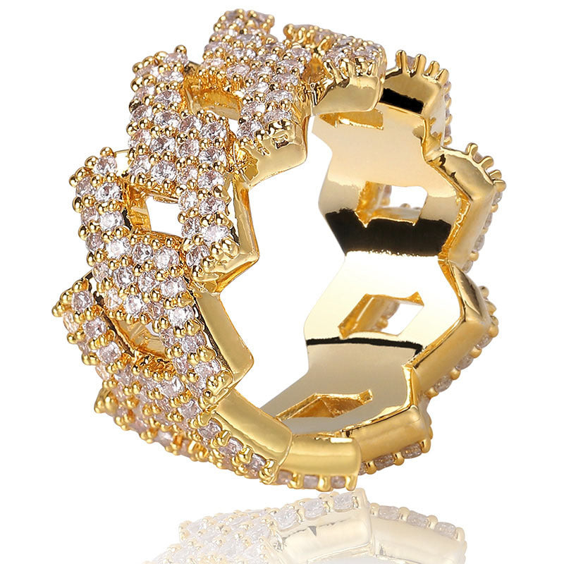 Hip Hop Ring 14mm Rhombus Cuban Ring, Real Gold Plated, Double Row Zircon Ring
