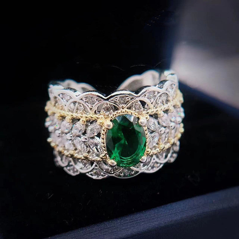 Emerald Pigeon Egg Zircon Open Ring, Vintage Hollow Double Gold Plated INS Style Light Luxury Jewelry