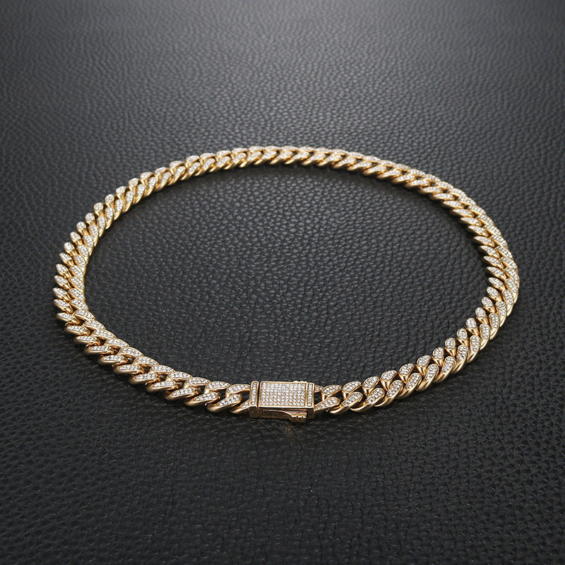 Euro-American Hip-Hop Diamond-Encrusted Cuban Chain Titanium Steel Necklace
