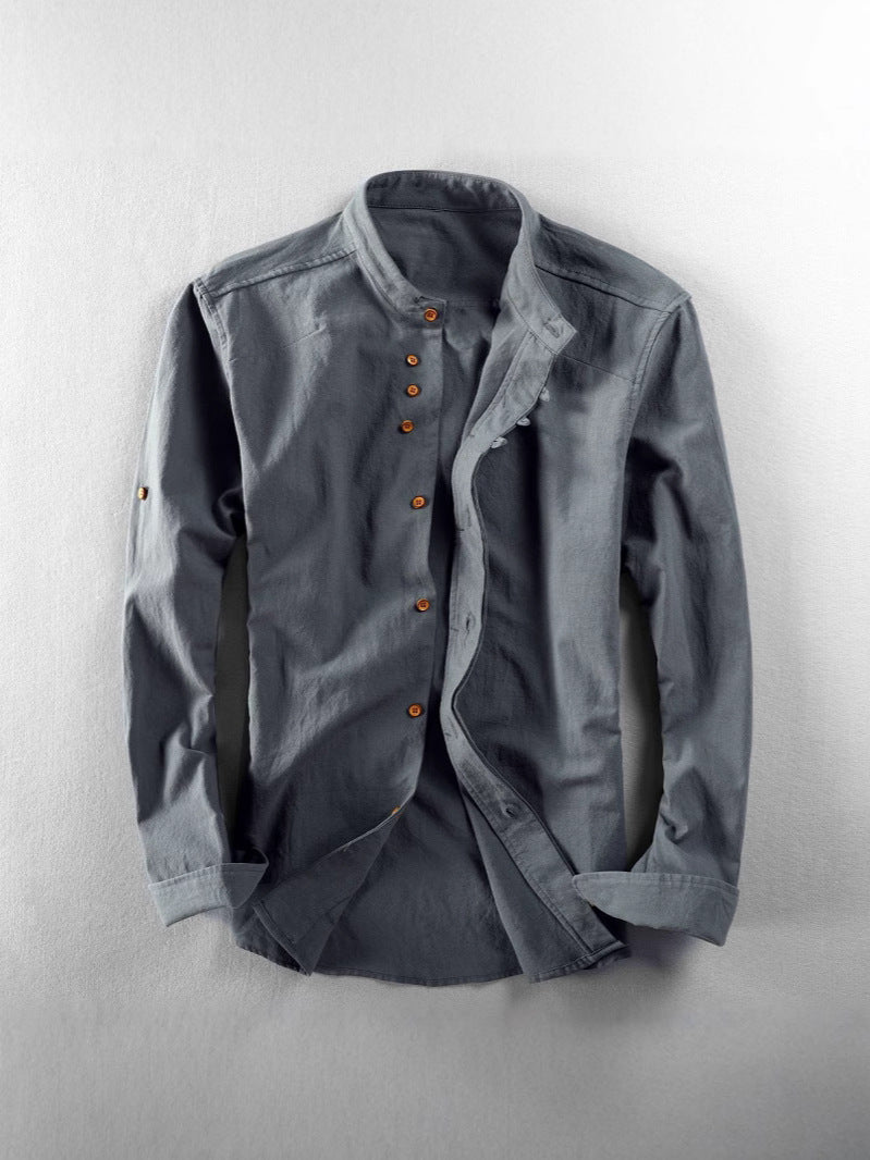 Mens Stand Collar Linen Casual Shirt