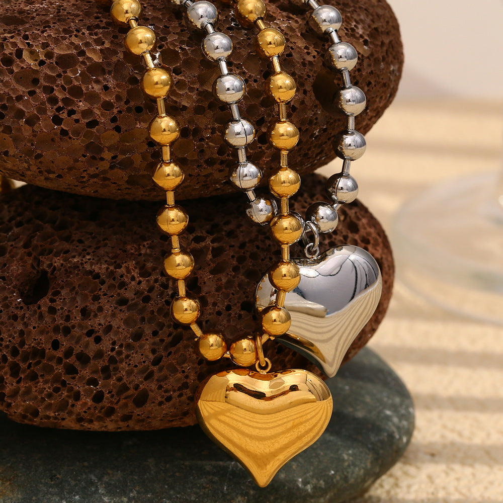 Stainless Steel 18K Gold-Plated Sweet Round Bead Heart Necklace