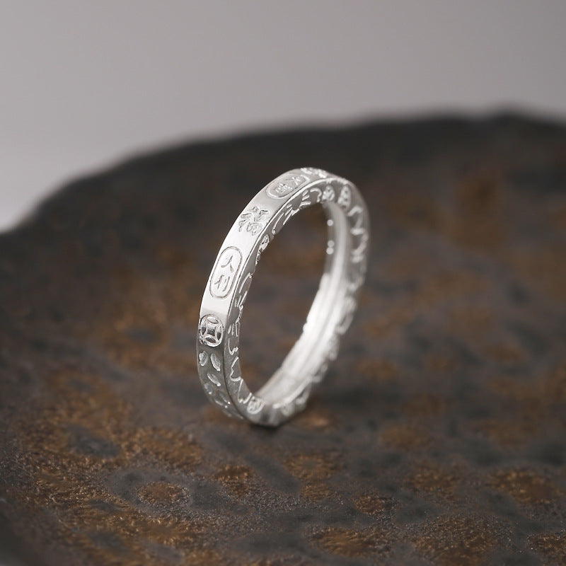 999 Sterling Silver Lucky Ring For Women, New Chinese Style, Fortune Blessing, Good Luck, Adjustable Opening Ring