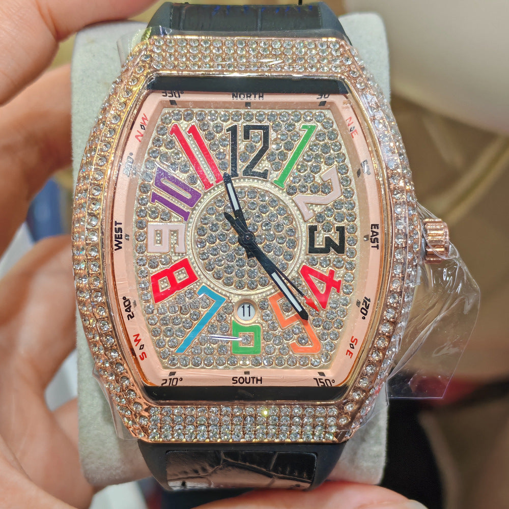 Barrel-shaped Minimalist Wristwatch Leather Strap Diamond Accents Quartz Watch