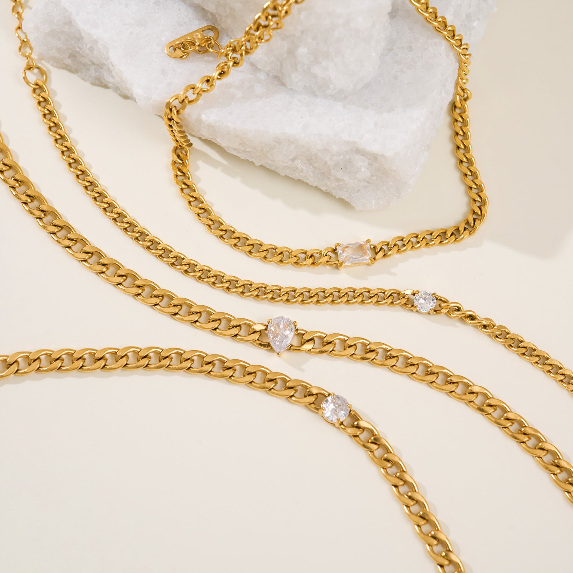 Fashion Titanium Steel Matte Chain Water Drop Zircon Bracelet Set