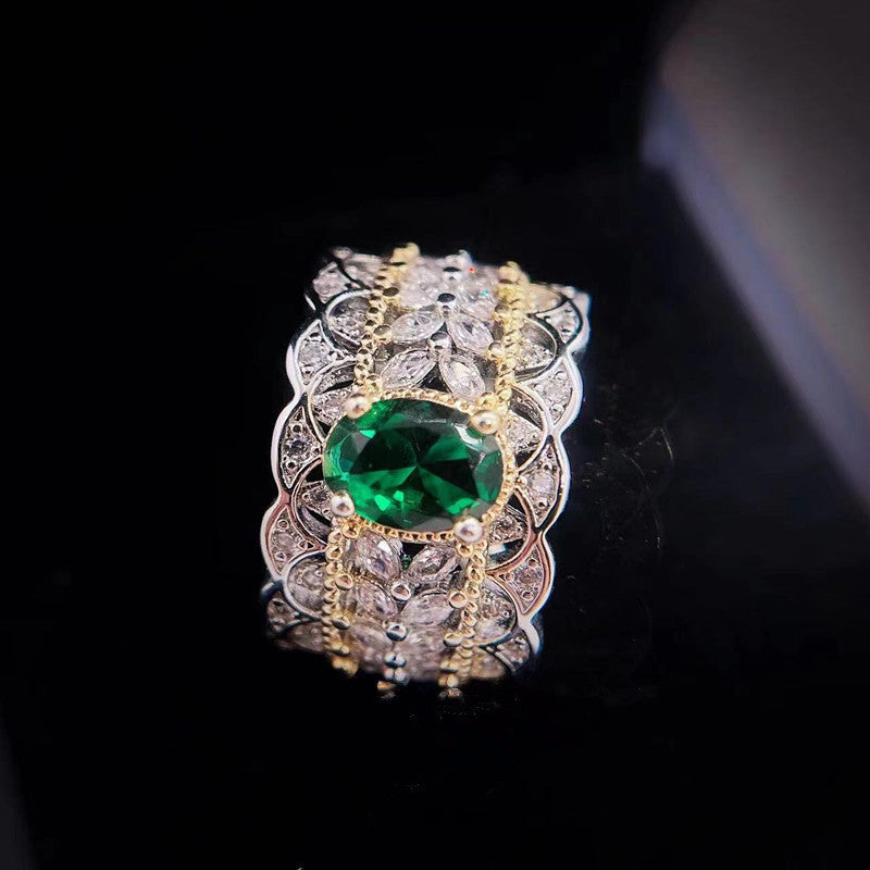 Emerald Pigeon Egg Zircon Open Ring, Vintage Hollow Double Gold Plated INS Style Light Luxury Jewelry