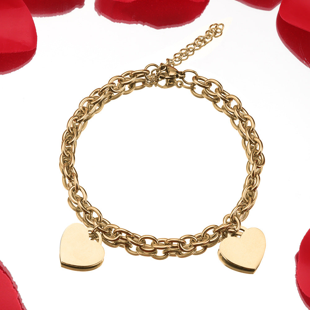 Simple 18k Gold Stainless Steel Golden Heart Engraved Bracelet