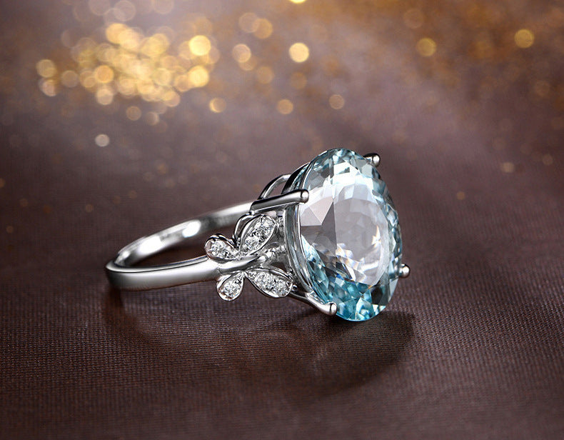 Fashionable Sea-Blue Butterfly Ring In Alloy With Zircon Inlays
