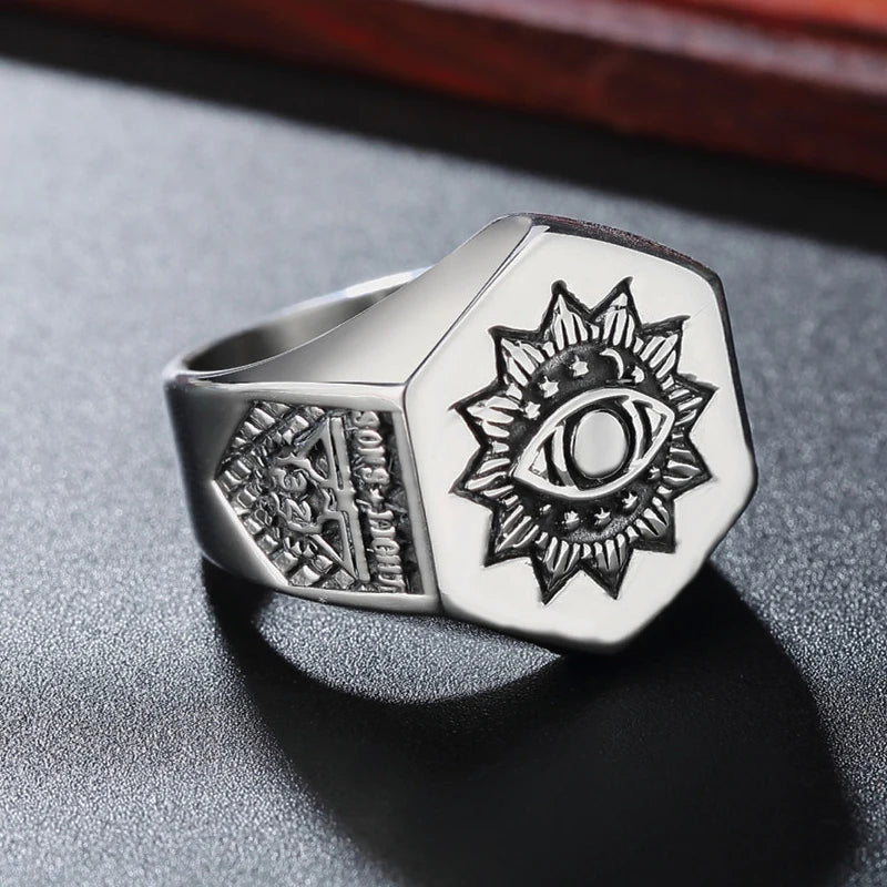 All Seeing Eye Ring Men's 316L Stainless Steel AG Masonic Rings Heavy Metal Freemason Biker Jewelry Dropshipping Store