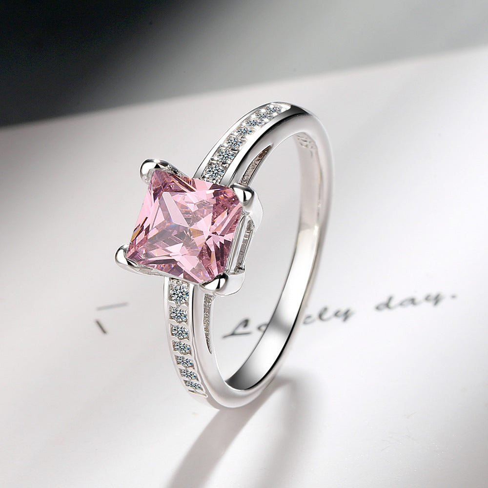 Simple Four-Prong Square Zircon Ring, Princess Cut Engagement Ring, Fashion Jewelry For Cross-Border