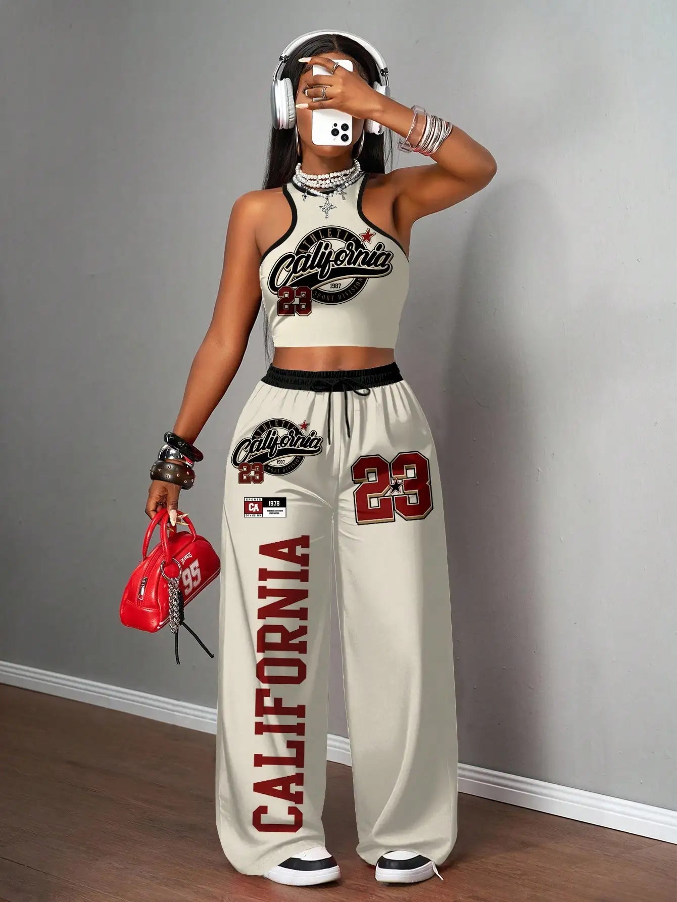 Women's California 23 Graphic Crop Top & Wide Leg Pants Set, Streetwear Casual Outfit