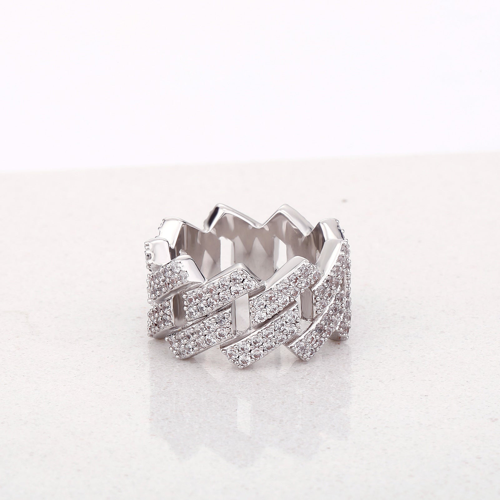 Hip Hop Ring 14mm Rhombus Cuban Ring, Real Gold Plated, Double Row Zircon Ring