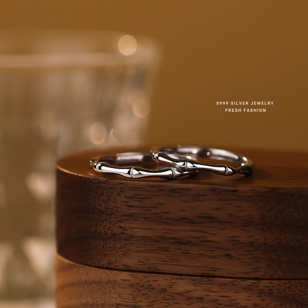 S999 Sterling Silver Bamboo Couple Rings 2-Piece Set, Minimalist Niche Adjustable Pair Bands, Creative Childhood Sweetheart Pure Silver Finger Rings
